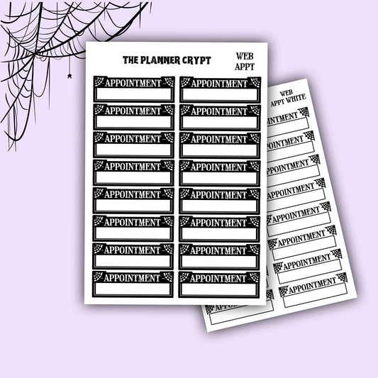 planner stickers, appointment, vertical planner, gothic planner, functional stickers, black and white, spiderweb stickers, header sticker