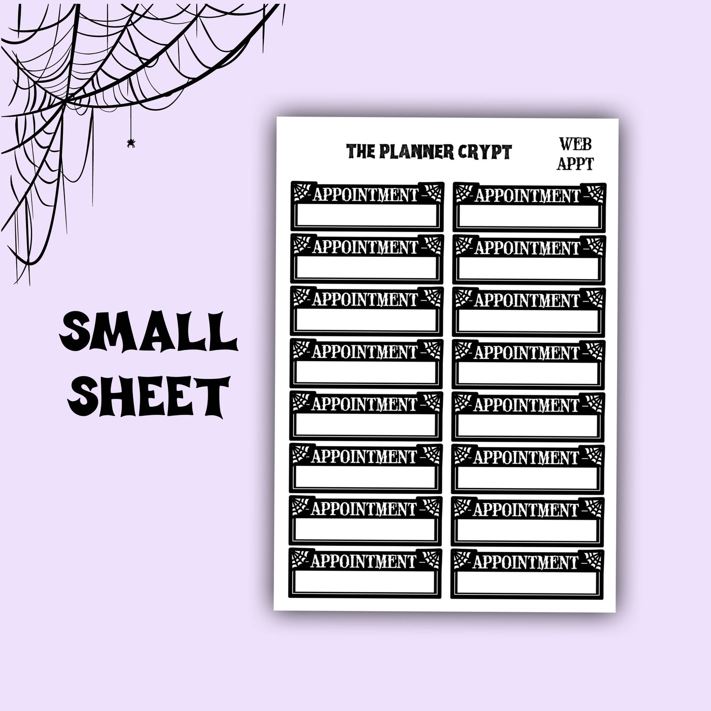 planner stickers, appointment, vertical planner, gothic planner, functional stickers, black and white, spiderweb stickers, header sticker