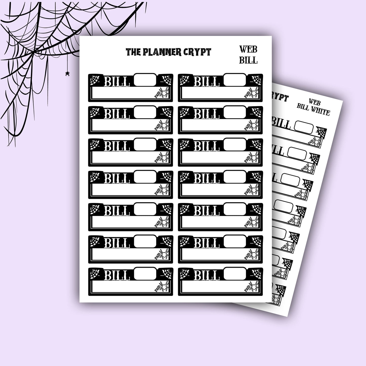 planner stickers, bill stickers, vertical planner, gothic planner, functional stickers, black & white, spiderweb stickers, header sticker (Copy)