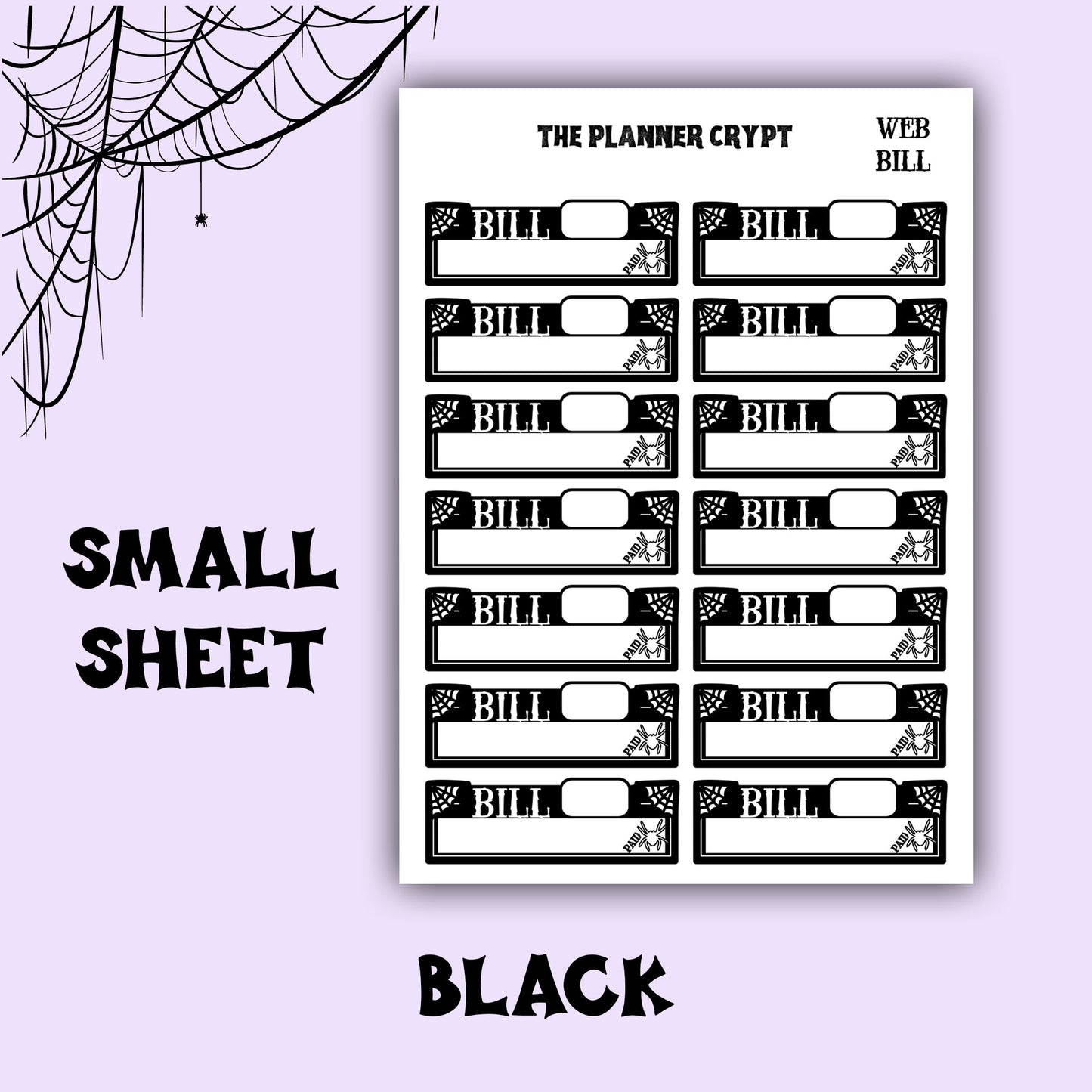 planner stickers, bill stickers, vertical planner, gothic planner, functional stickers, black & white, spiderweb stickers, header sticker (Copy)