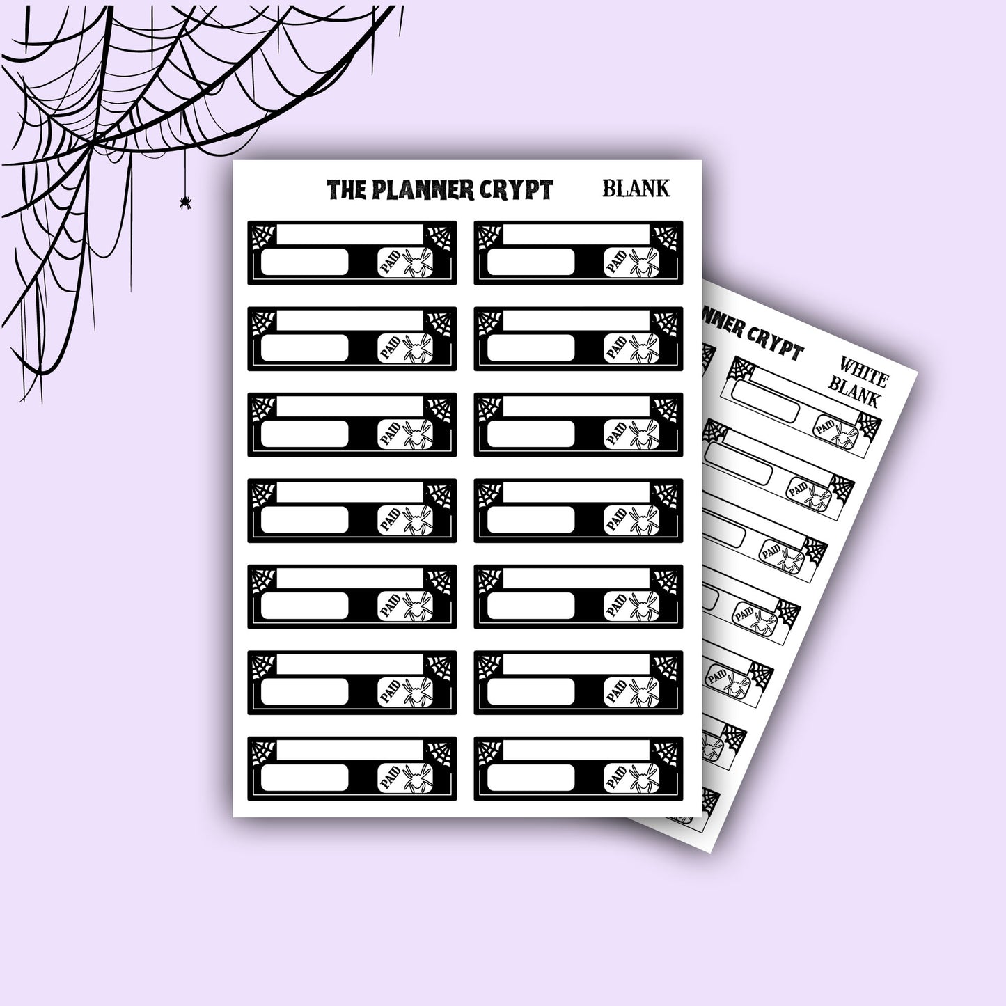 planner stickers, bill stickers, vertical planner, gothic planner, functional stickers, black and white, spiderweb stickers, header sticker