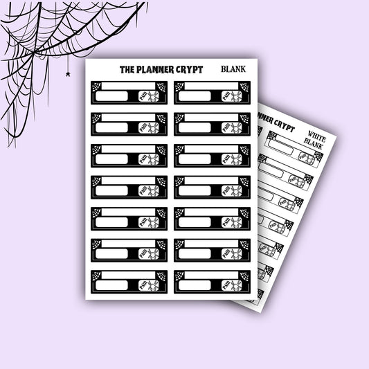 planner stickers, bill stickers, vertical planner, gothic planner, functional stickers, black and white, spiderweb stickers, header sticker