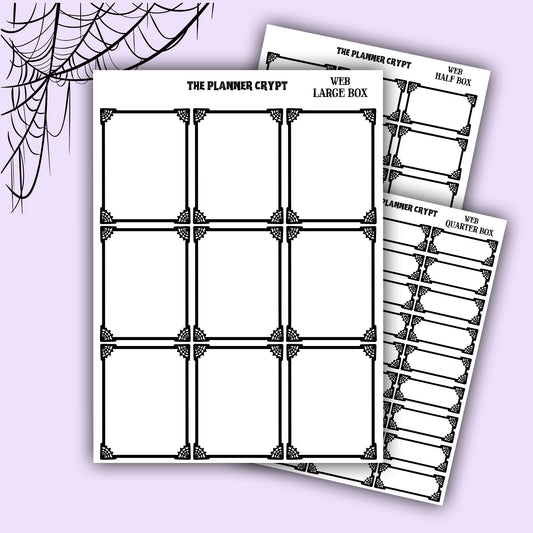 planner stickers, planner boxes, vertical planner, gothic planner, functional stickers, black and white, spiderweb stickers, header sticker