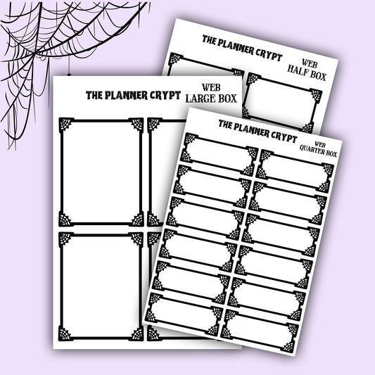planner stickers, planner boxes, vertical planner, gothic planner, functional stickers, black and white, spiderweb stickers, header sticker
