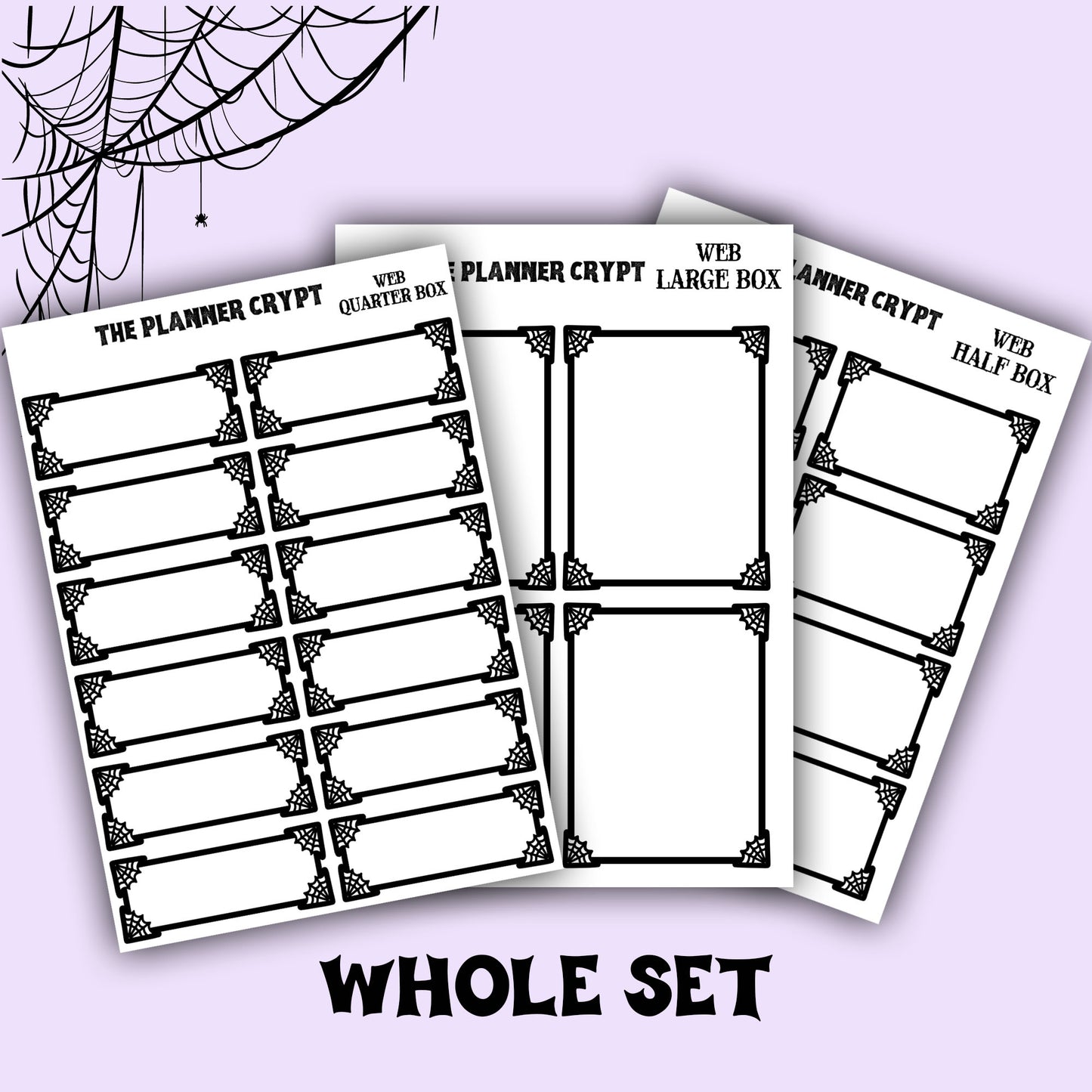 planner stickers, planner boxes, vertical planner, gothic planner, functional stickers, black and white, spiderweb stickers, header sticker