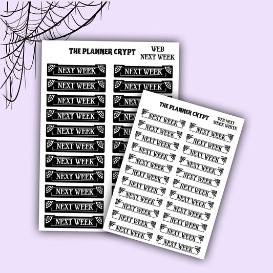 planner stickers, week stickers, vertical planner, gothic planner, functional stickers, black and white, spiderweb stickers, header sticker
