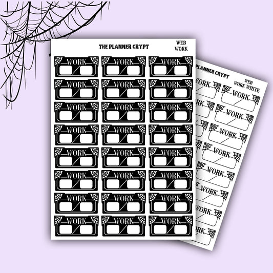 planner stickers, work stickers, vertical planner, gothic planner, functional stickers, black and white, spiderweb stickers, header sticker