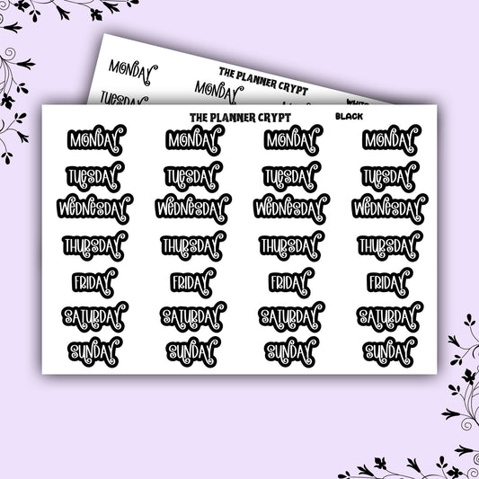 planner header stickers, weekly stickers, weekly planner stickers, pastel stickers, weekday headers, gothic planner stickers,