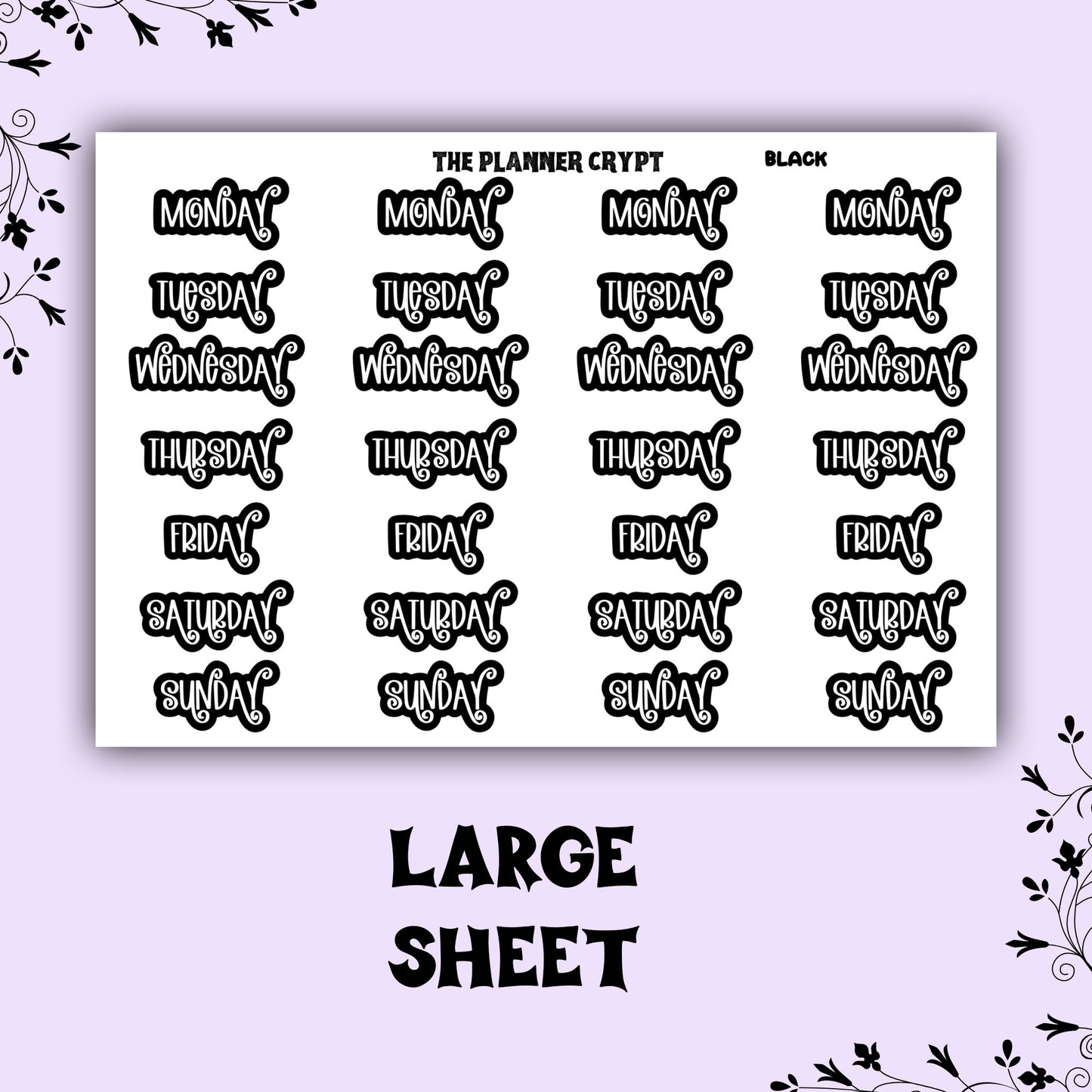 planner header stickers, weekly stickers, weekly planner stickers, pastel stickers, weekday headers, gothic planner stickers,