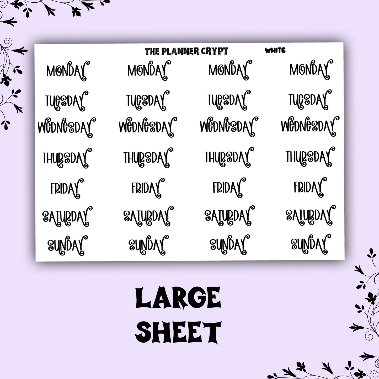 planner header stickers, weekly stickers, weekly planner stickers, pastel stickers, weekday headers, gothic planner stickers,